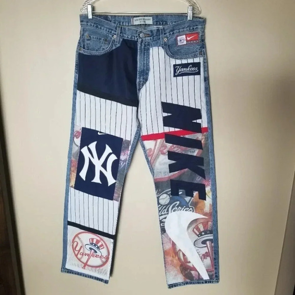 Levi's Low Rise Straight Patchwork Yankees  Baseball Nike White Red NY 34 - Picture 2 of 13